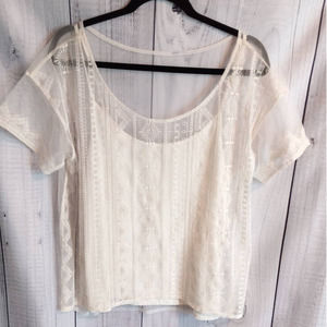 American Eagle Cream Embroidered Boho Layered Sheer Short Sleeve Top & Tank Set